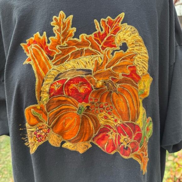 Vtg Autumn Fall Thanksgiving Best Fruit of the Loom Black USA T-Shirt XXL *Flaw* - Picture 2 of 12